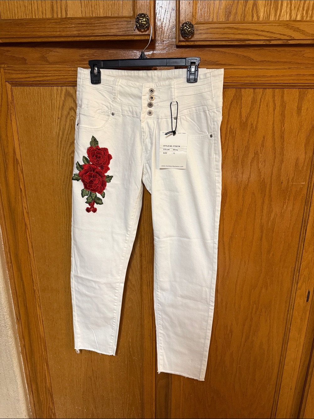 White Ankle Jeans with Red Rose Embroidery - Women's Cropped Denim